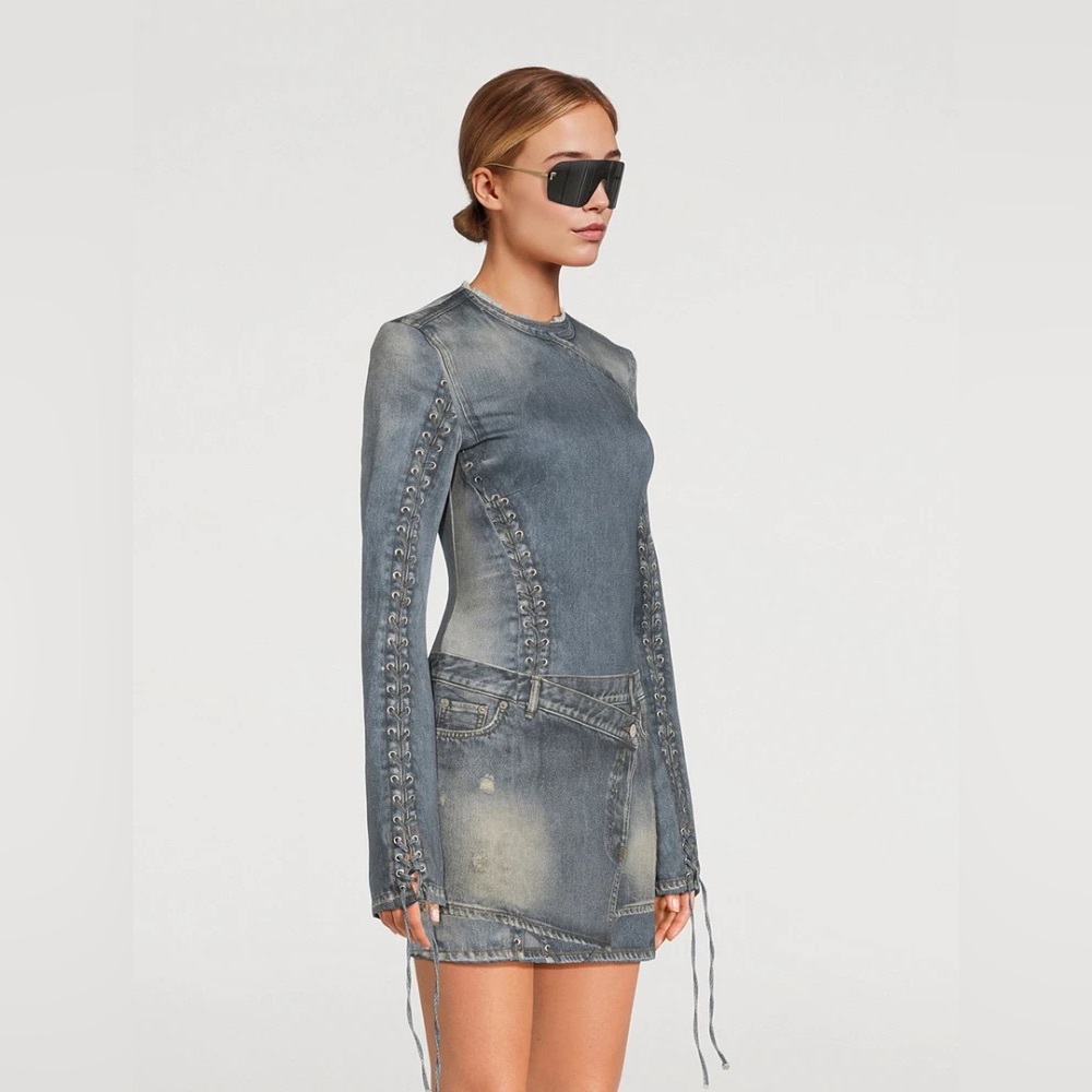 Edgy Denim-Look Dress Casual Party Mini - Picture 10 of 13